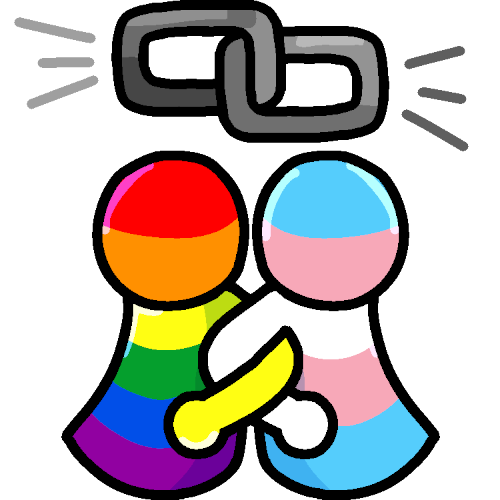  two people standing back to back with linked arms. one is colored in with the rainbow flag and the other with the trans flag. above them are two metal chains linked together with emphasis lines. the image is slightly cell shaded